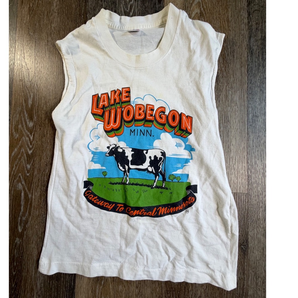 Fruit of the Loom Muscle Tank Mens Large White Lake Wobegon Vintage Cow Graphic